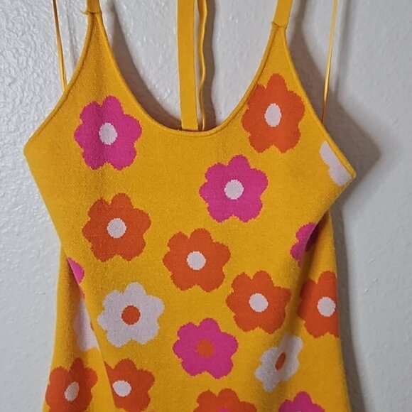 Willow & Wind Knit Orange Pink Halter Floral Print Daisy Women Size Large Dress - Picture 5 of 6
